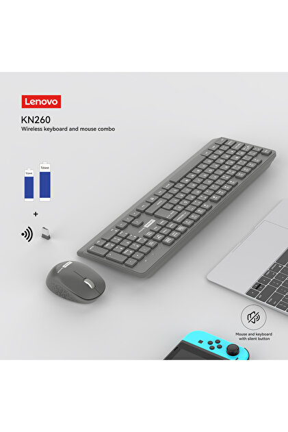 LENOVO KN260 Sessiz Kablosuz Klavye Mouse Set Q Türkçe Piller