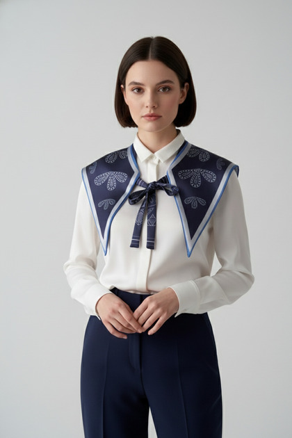 Elegant and Modern Style Women's Shoulder Shawl with Geometric Handcrafted Pattern - Scarf Collar (Collar)-Navy Blue