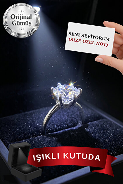 Işıklı Kutuda Gerçek 925 Ayar Gümüş 4 CARAT TEKTAŞ Yüzük