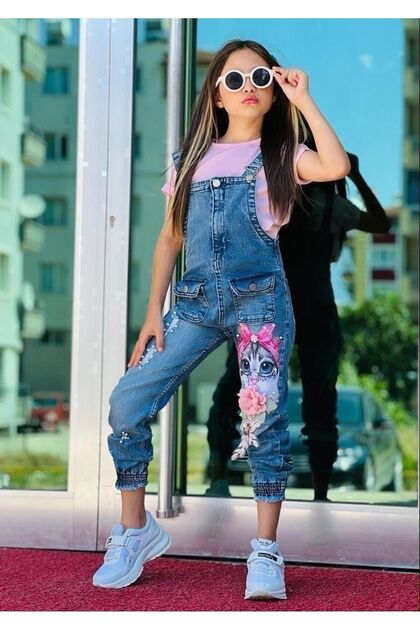 Girl's Cat Printed Denim Jumpsuit / Pink Badi 2-Piece Set with Pearl and Ribbon Detail - Holiday Wear