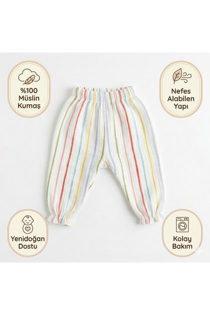 %100 Pamuk Müslin Bebek Pantolon Lastikli Paça Şalvar Model