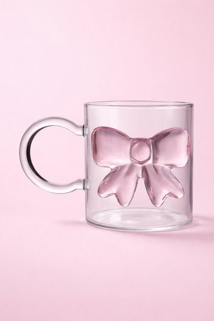 Pink Bow Detailed Stylish and Elegant Pinterest Borosilicate Glass Cup Mug 350 ml 8.5 X 7.5 cm