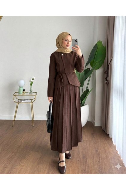 Kadın Zara Kupra Seyyar Kemerli Çımalı Etekli Takım - Kahverengi