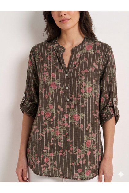 Women's Brown Italian Line and Floral Patterned Fakir Sleeve Buttoned Judge Collar Blouse 40 - 44 Size