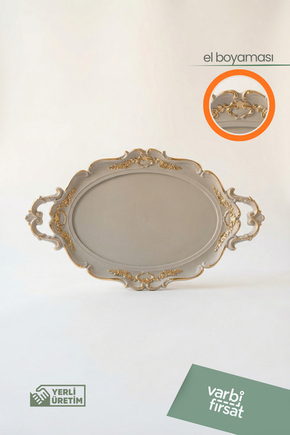 Oval Gray Gold Detailed Large Serving Tray 48X28 cm | Stylish Presentation Tray