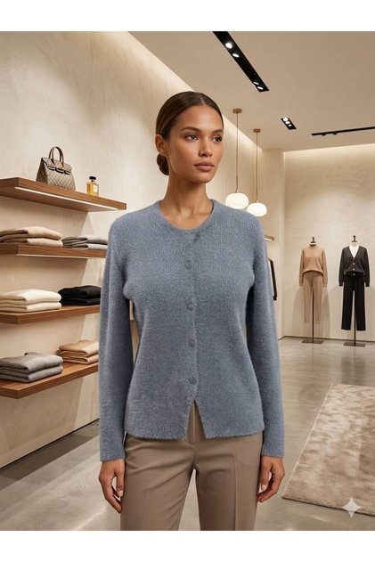 Women's Crew Neck Soft Textured Knitwear Cardigan