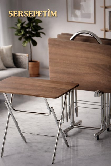 CEVİZ 4'lü Katlanır MDF Mebran Doğal Meşe Desen Çanta Zigon Sehpa Metal Ayak Krom Kaplama
