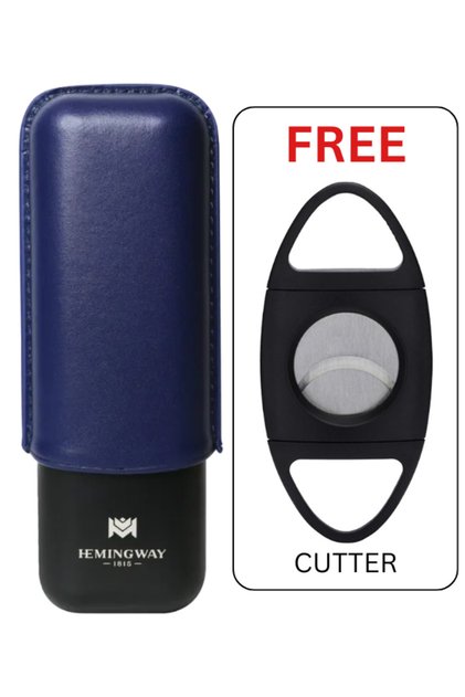 Stainless Steel & Leather Portable Travel Cigar Humidor Case 2 cigar | free cutter, blue
