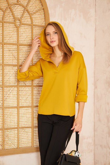 Women's Mustard Scuba Hooded Long Back Loose Comfortable Fit Sweatshirt 3506286