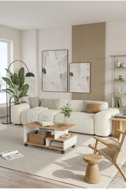 Sidney Tekerlekli Orta Sehpa Raflı Modern Tasarım - Fonksiyonel Yan Sehpa Ve Kitaplık Bölmeli Sepet-Beyaz SID9-SW