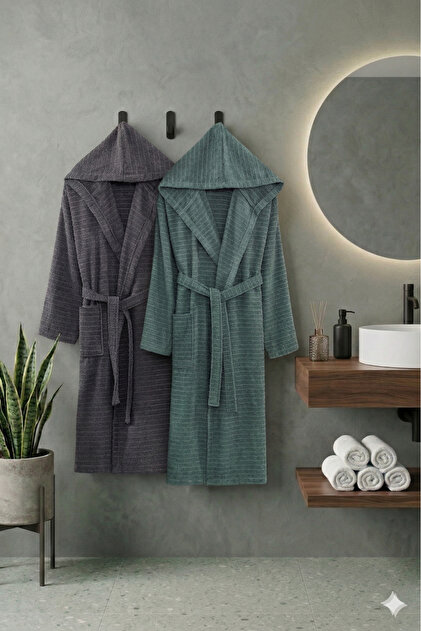 Mi̇ra Unisex Anthracite Green Couple Bathrobe
