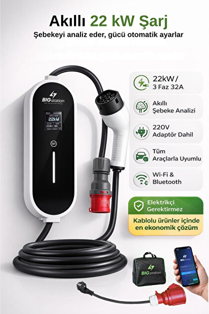 BIGstation 22kW Taşınabilir Akıllı EV AC Şarj Cihazı Wi-Fi