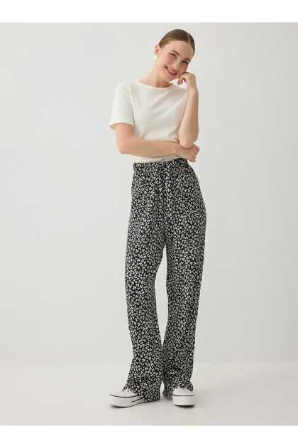 Crispy Floral Patterned Elastic Waist Trousers - Black/White -