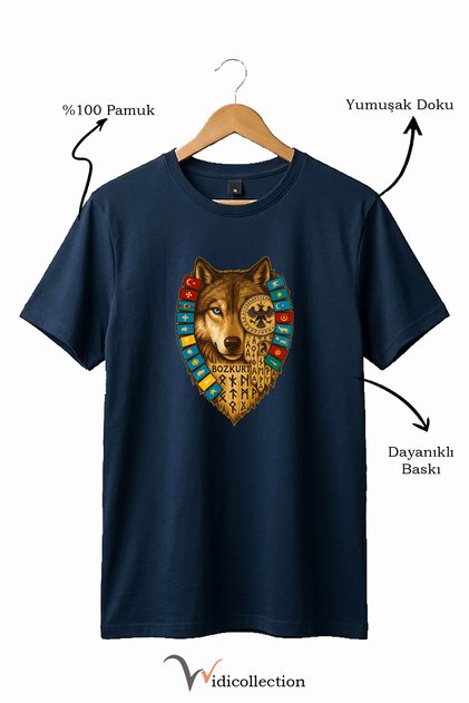 Bozkurt Göktürk Alphabet and Flags of Turkish States Printed 100% Cotton Regular Fit T-Shirt
