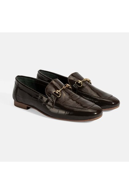 Women's Brown Crocodile Printed Leather Loafer with Buckle Detail