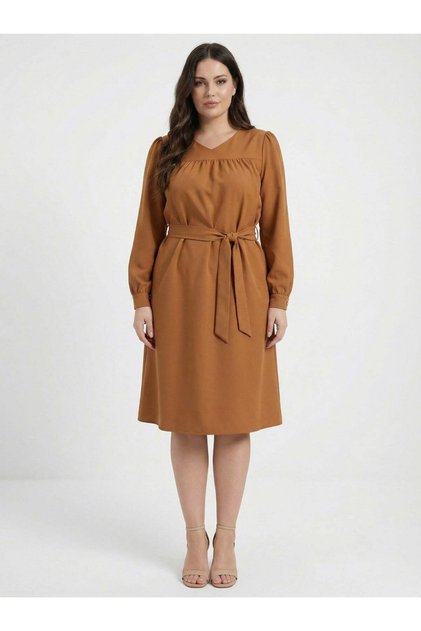 Apsen Women's Mustard Long Sleeve Transitional Midi Length Plus Size Dress 4409-110