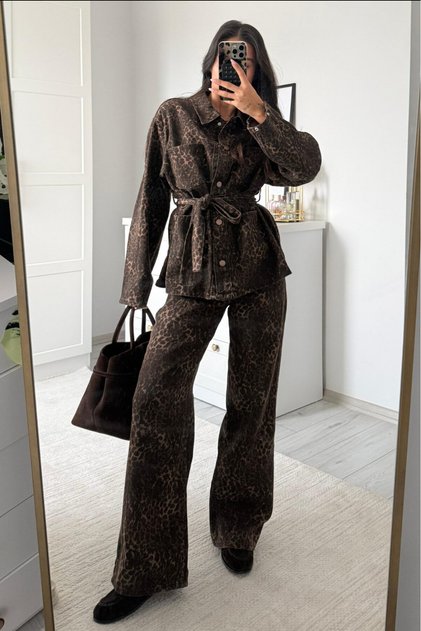 Women's Leopard Printed Tie-Detail Shirt Pants Set