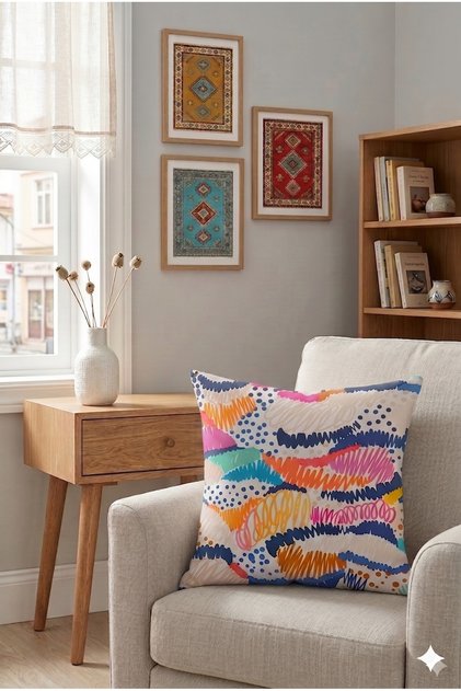 Smr Mixed Patterned Line and Dot Detailed Decorative Throw Pillow Soft Colorful 43X43