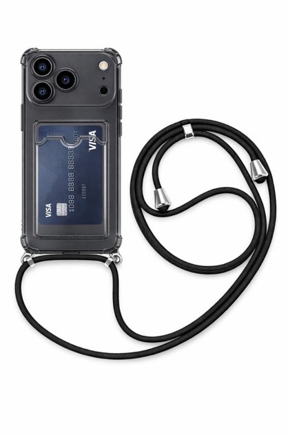 iPhone 17 Pro Max Anti-Shock Case with Strap and Card Holder Black