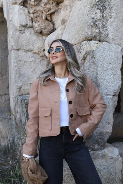 Camel Renk Astarlı Kadife Ceket