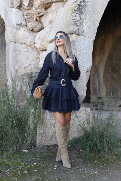 Lacivert Gold Kemer Detay Dantelli Jean Elbise
