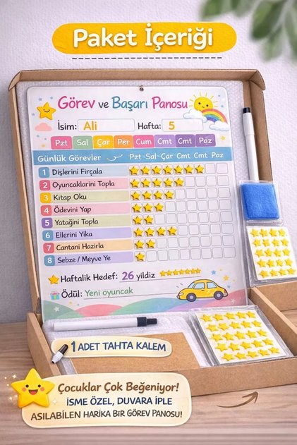 Kişiye Özel Çocuk Görev Panosu –Montessori Ödül ve Başarı Tablosu (Kalem + Yıldız Sticker Dahil)
