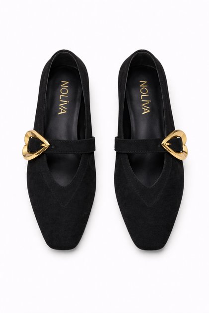 Balerini de damă din piele intoarsa neagra cu catarama in forma de inima, eleganti, de zi cu zi, tip Mary Jane