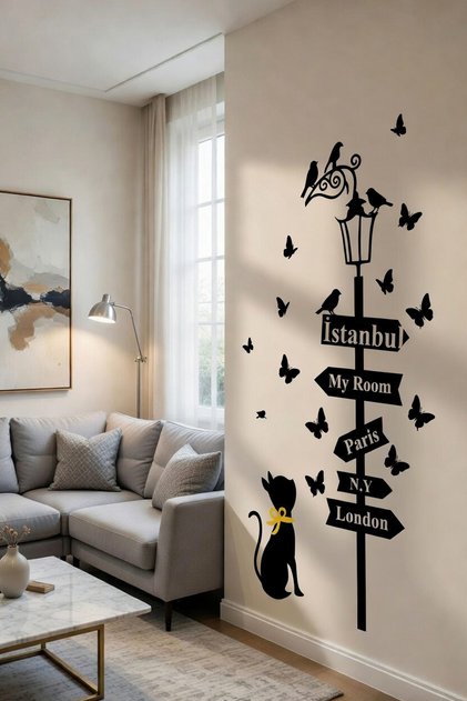 Gezgin Kedinin Yolculuğu Salon Ve Oturma Odası Pvc Duvar Stickeri