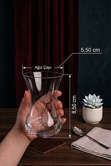 Yaprak 6'lı Soğuk Kesme Kristal Dekor İnce Belli Çay Bardağı - Özel Yapım Sunum 125cc
