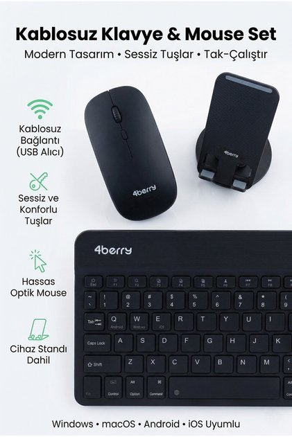Kablosuz Klavye Mouse ve Stand Seti + Ayarlanabilir Telefon Standı SIYAH
