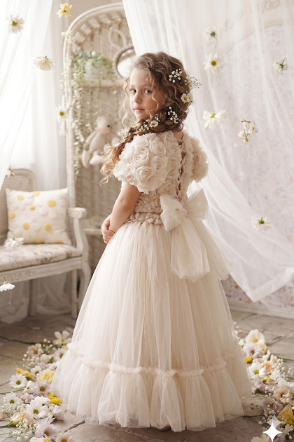 ALYRA Girl's Princess Dress with Roses and Layers of Tulle, Special Occasion Dress, Ages 2-6, Pink/Powder/Cream