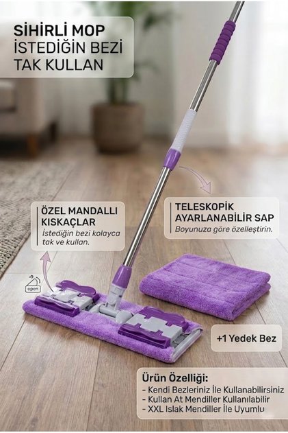 İstediğin Bezi Tak Kullan Mandallı Mop Teleskopik Saplı +1 Yedek Bez Hediyeli (yer Cam Temizliği)