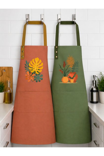 Kitchen Apron Set of 2 Stain Resistant Water Repellent Fabric Colorfast Print Monstera Potted Plants Apron
