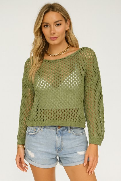 Women's 100% Cotton Openwork Sweater Pistachio Green