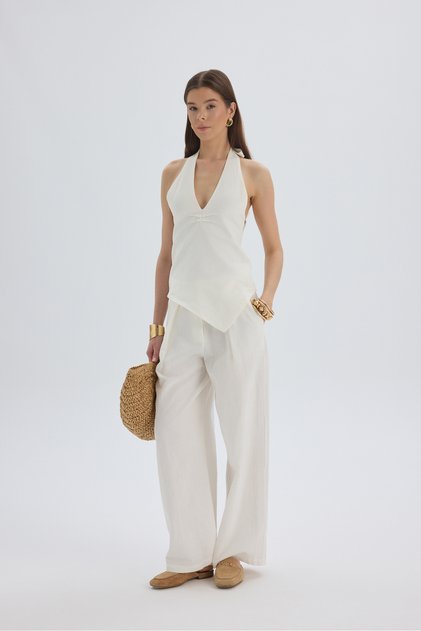 Alidah Pleated Ecru Wide Leg Trousers
