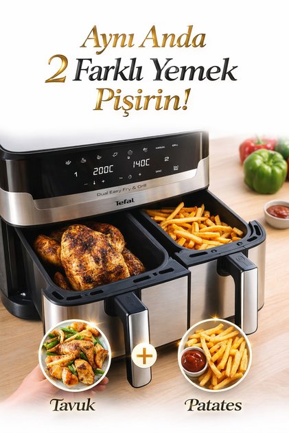 Izgara Özellikli Çift Hazneli Yağsız Fritöz 8 Ön Ayarlı Programlı Çıkarılabilir Plakalı Airfryer