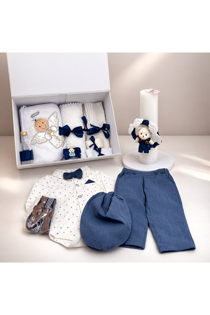 Set elegant de botez albastru pentru băieți – Set complet cu lumânare și haine 0-3 LUNI