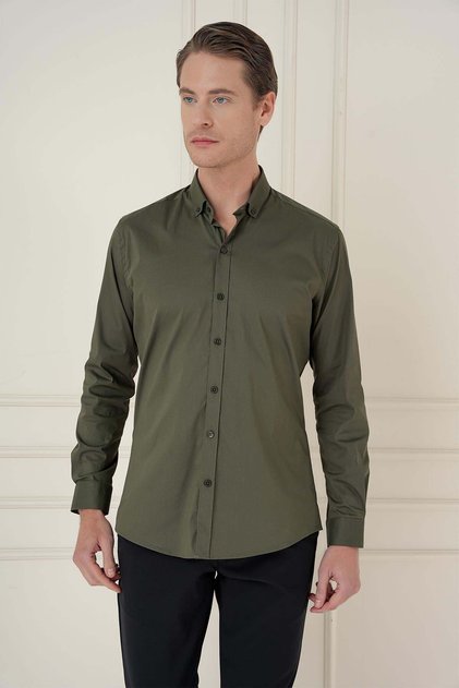 Men's Slim Fit Buttoned Collar Flexible Classic Khaki Shirt Gk 746