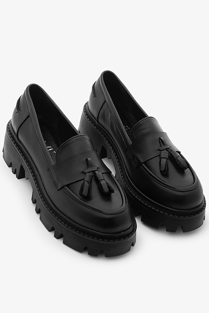 Black Genuine Leather Tasseled Thick Sole Women's Loafers