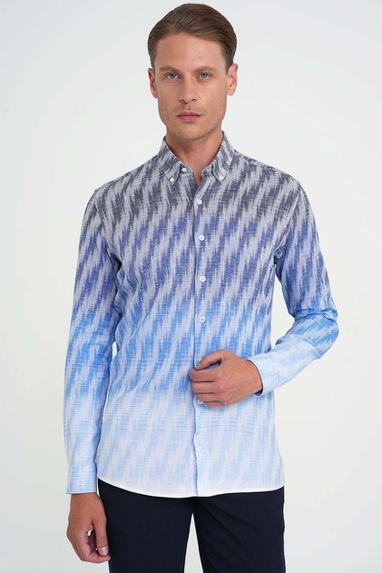 Men's Comfort Fit Panel Pattern Button Collar 100% Linen Blue Shirt g 1594