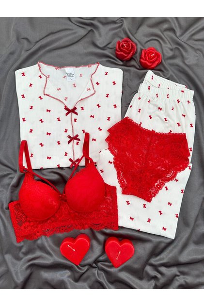 Women's Oslo Fabric Patterned Short Sleeve Pajama Set with Underwear