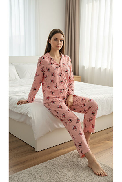 Women's Shirt Patterned Long Sleeve Pajama Set