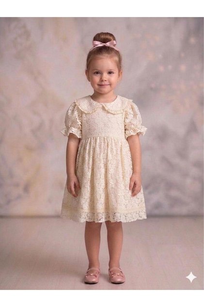Ecru Floral Patterned Scallop Girls' Dress-Angelika