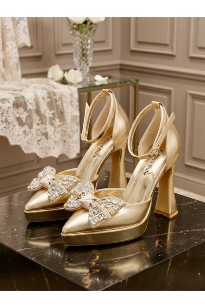 Elegant Gold Platform Heeled Bridal Shoes - Feli̇syabuti̇k