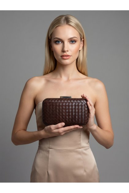 Brown Silver Detailed Hand-Woven Leather Special Series Women's Evening Dress Bag