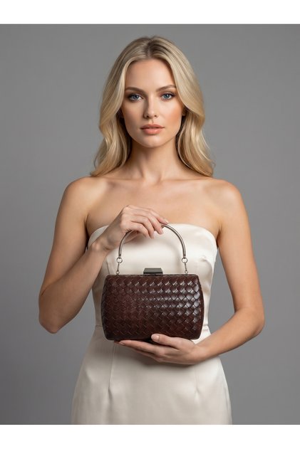 Brown Silver Detailed Hand-Woven Leather Special Series Women's Evening Dress Bag