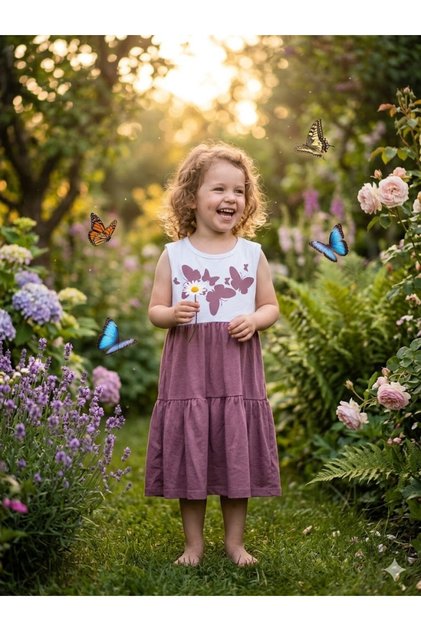 Girl's Summer Layered Skirt Dress Anti-Sweat Cotton Butterfly Dried Rose