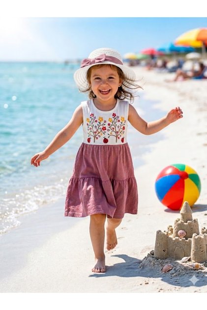 Girl's Summer Hat Dress Anti-Sweat Cotton Floral Ladybug Dried Rose