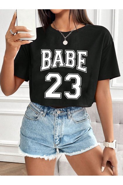 Babe Printed Loose Fit Short Sleeve Crew Neck Crop Tshirt