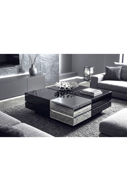 LUXURY SIYAH CAMLI GÜMÜŞ AYNALI DEKORATIF TEKERLEKLI ORTA SEHPA 90 × 90 YÜKSEKLIK 30 CM